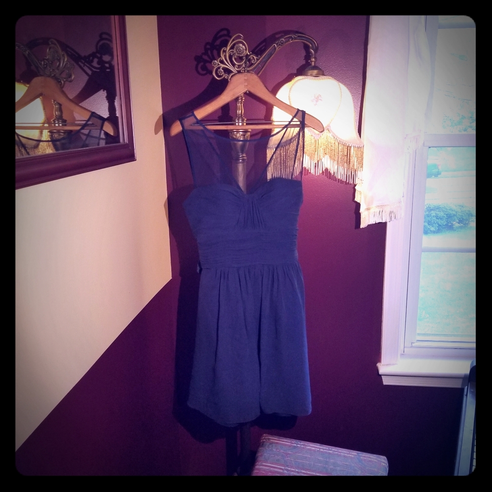 Navy Blue Sweetheart Neckline Sheer Strapped Dress